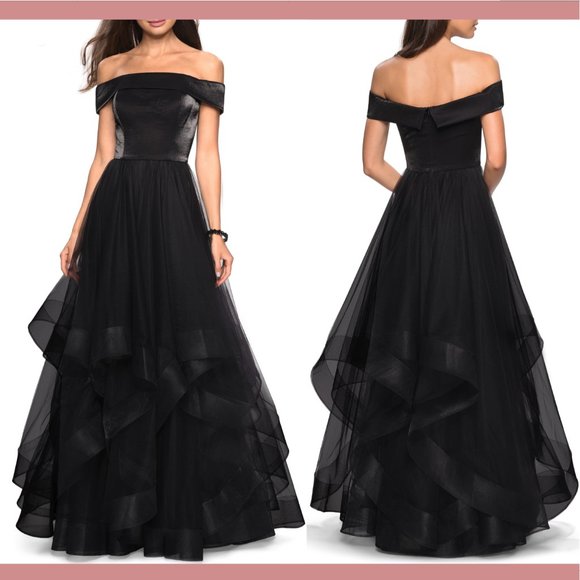 NEW $398 La Femme Off the Shoulder‎ Evening Gown in Black [SZ 4 ] - Picture 12 of 12